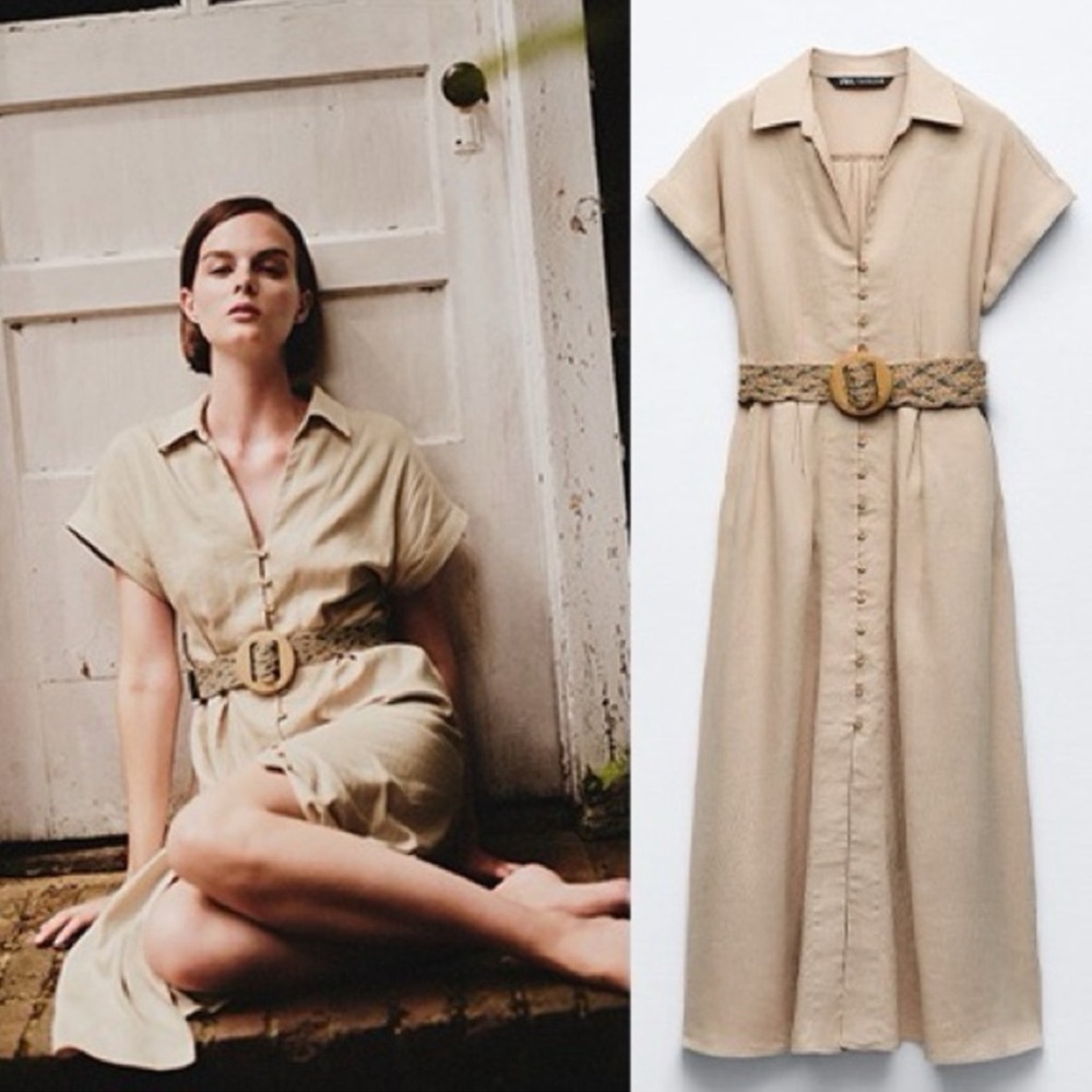 🆕 🤎 ZARA Zara Linen Blend Dress Belted Size S 🤎
